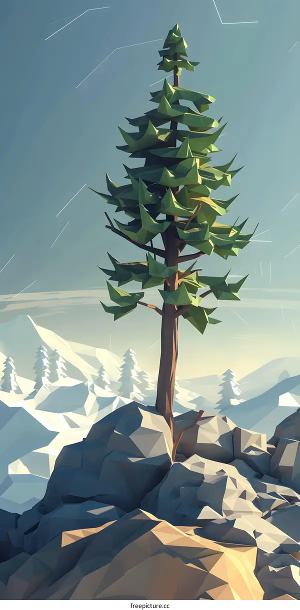 Low Poly Mountain Tree Art Illustration