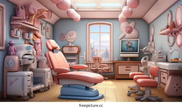 A dentist's office with a pink and blue theme