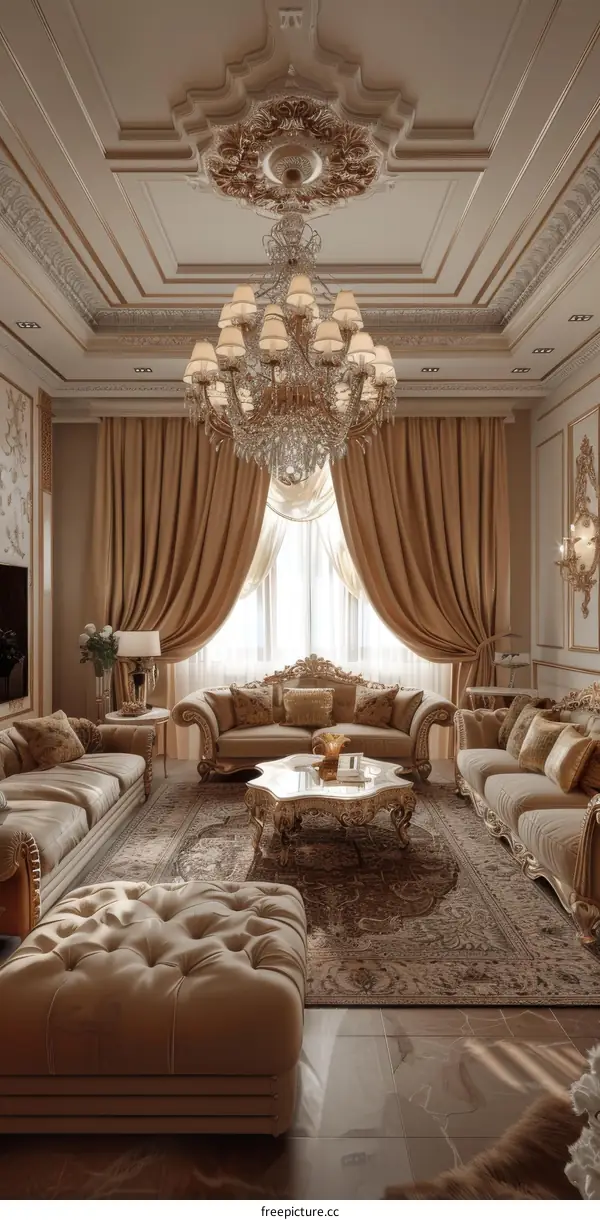 Ornate Living Room with Crystal Chandelier, Tufted Furniture, and Marble Accents