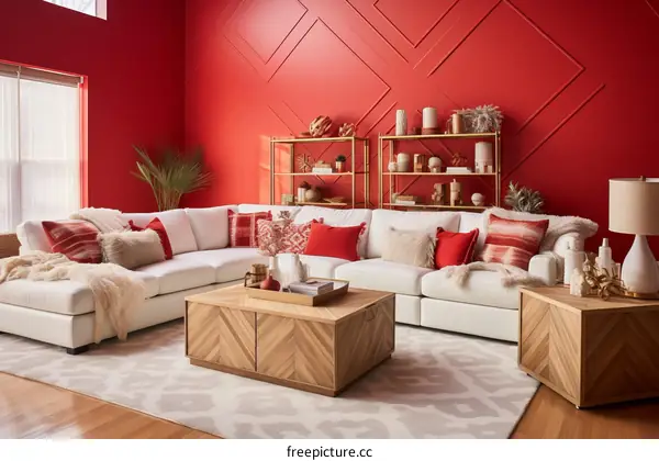 Red living room with white sectional sofa and wood coffee table