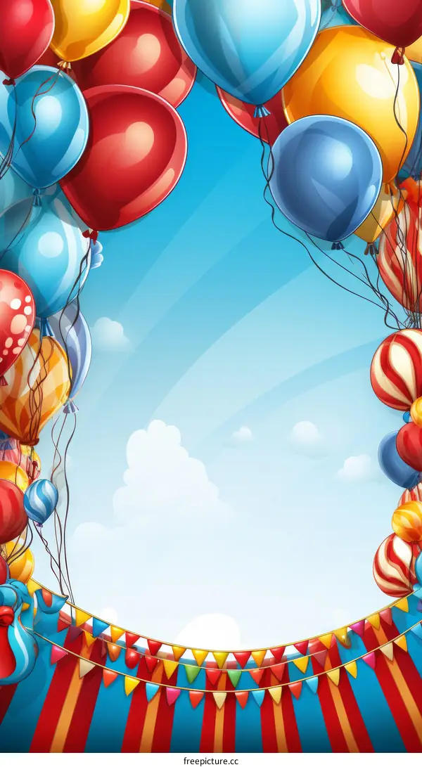Colorful balloons of different sizes are floating in the sky