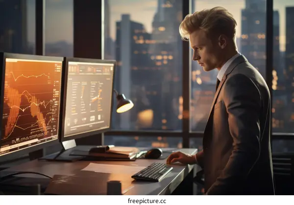 Businessman Analyzing Financial Data on Multiple Computer Monitors in Modern Office