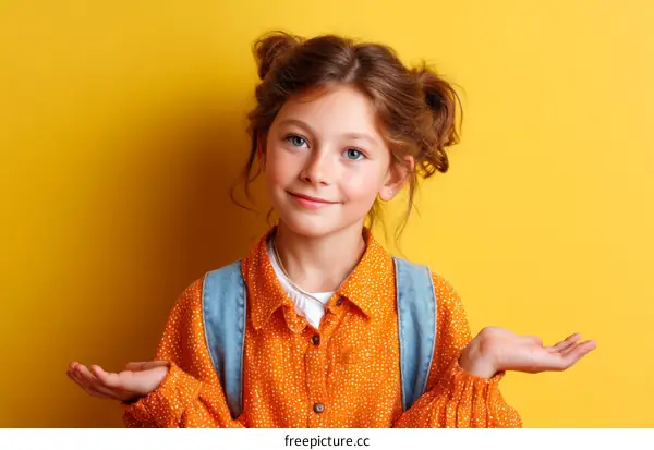 Smiling Girl in Orange Blouse Against Yellow Background