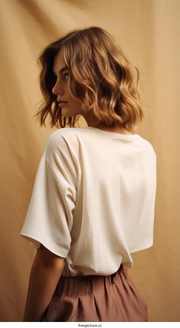 Elegant woman with short wavy hair wearing white blouse