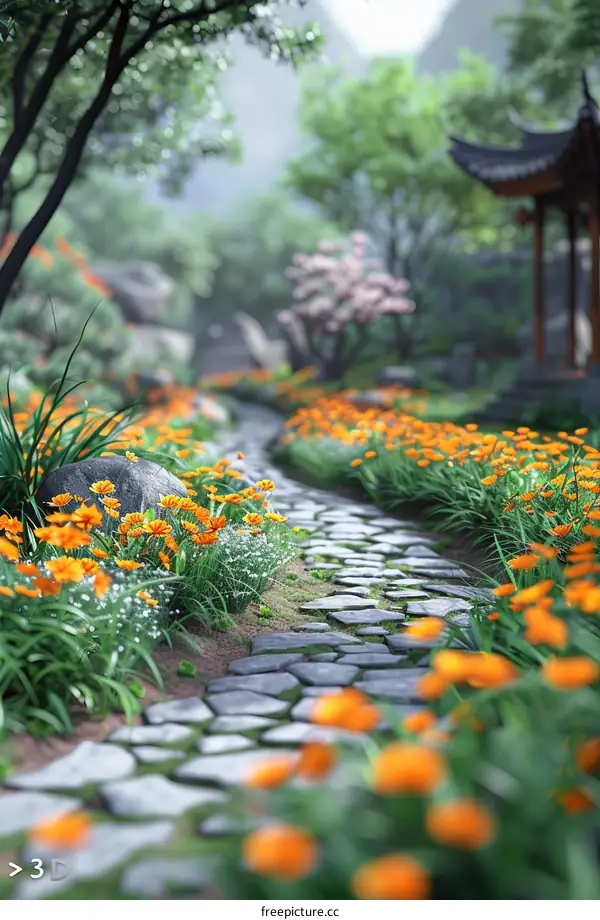 Stone Path Leading Through a Garden of Vibrant Orange Flowers