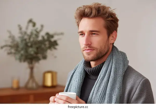 Stylish Man Enjoying a Warm Drink in Winter