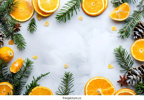 Christmas Background with Pine Branches and Oranges