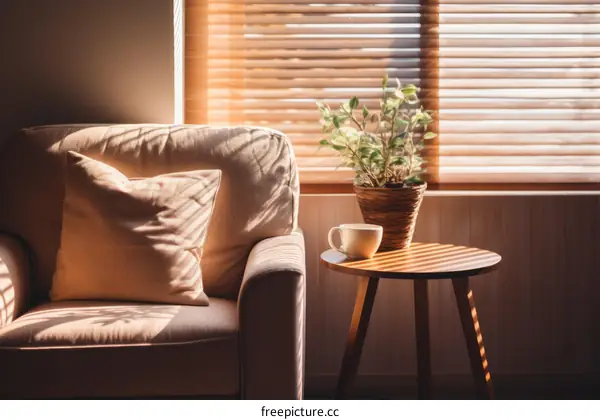 Sunlit Interior with Plant, Cup, Chair, and Table