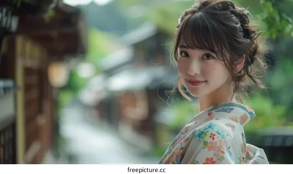 Japanese Woman in Kimono in Traditional Village