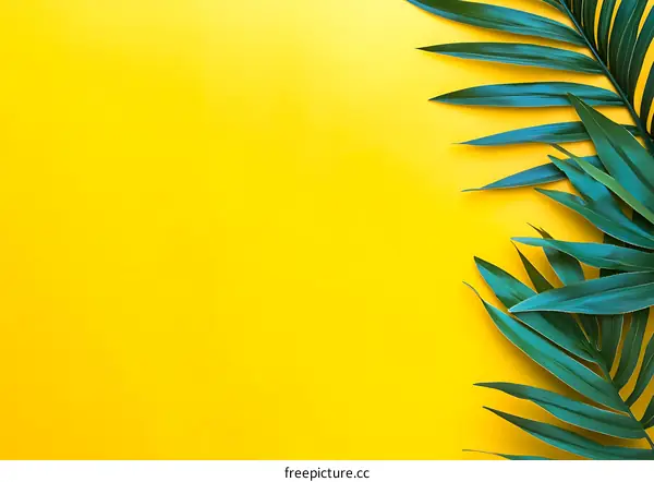 Tropical Green Palm Leaves on Yellow Background