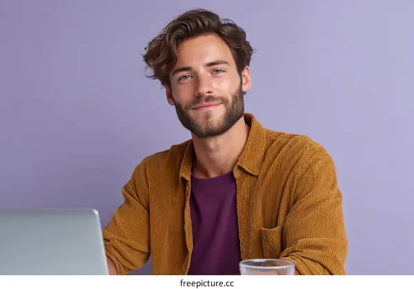 Smiling Caucasian Man Working on Laptop
