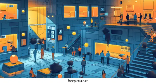 futuristic office space with people working