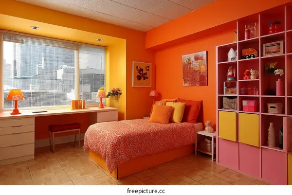 Vibrant Orange and Coral Bedroom Interior