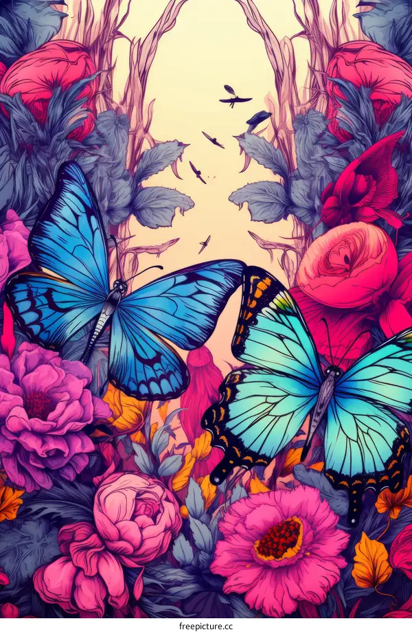 Two blue butterflies in a garden of flowers