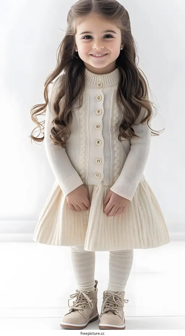 Young Girl in Knitted Dress and Cardigan
