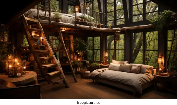 A cozy forest cabin with a bedroom and a living area