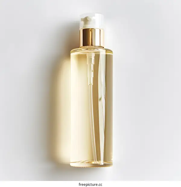 Gold Pump Bottle with Liquid on White Background