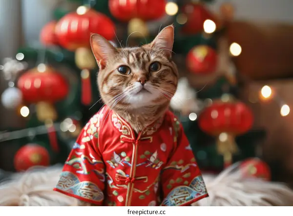 A cat wearing a red Chinese traditional jacket sits in front of a Christmas tree.