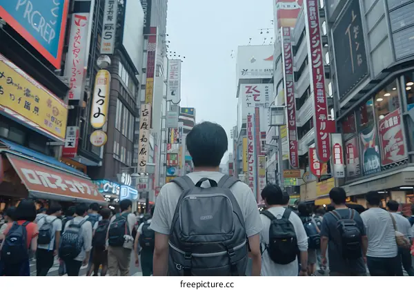 Crowded Street in Tokyo Japan with Neon Signs and People Walking