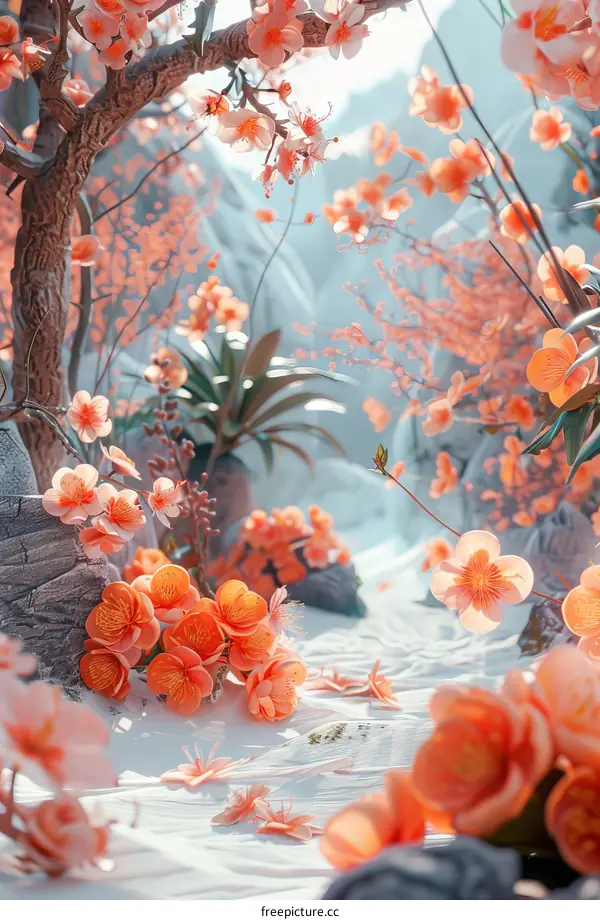 Tranquil Valley with Cherry Blossoms in Full Bloom