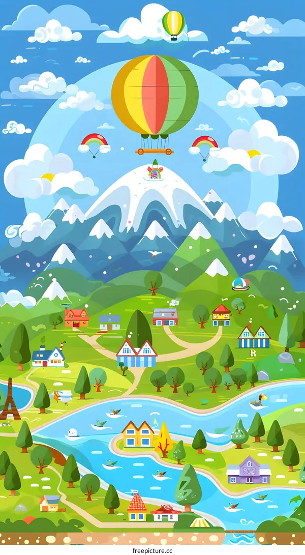 Cartoon Illustration of a Colorful Landscape with a Hot Air Balloon