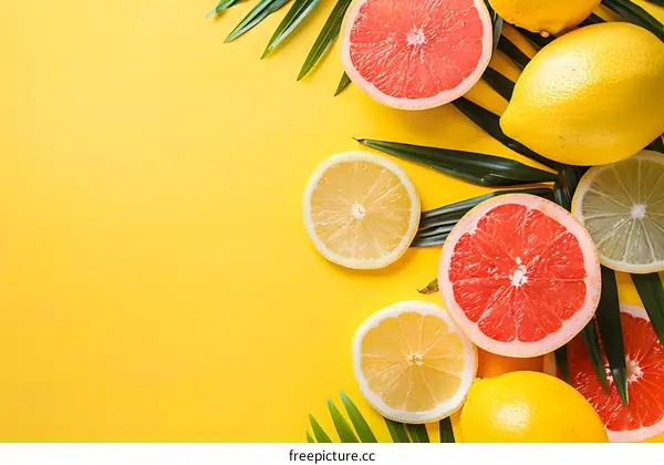 Fresh Sliced Grapefruit Lemon and Palm Leaves on Yellow Background