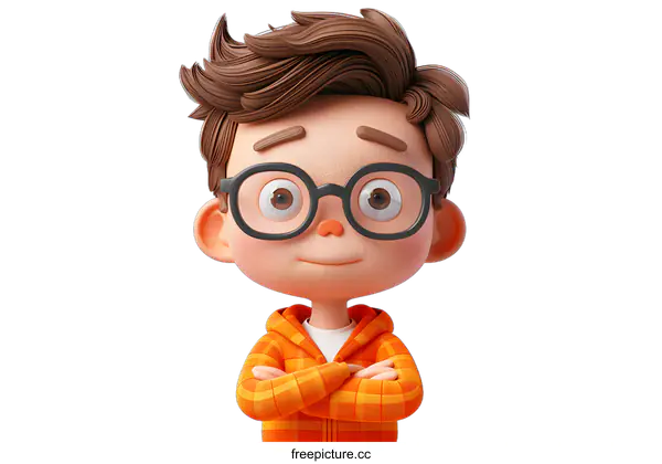 [Transparent Background PNG]Cartoon Boy with Glasses and Orange Shirt
