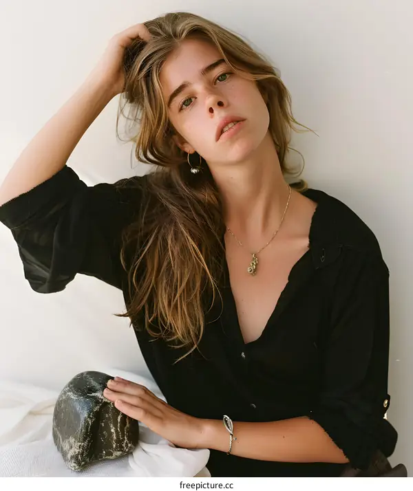 Portrait of a Young Woman with Freckles Wearing a Black Shirt