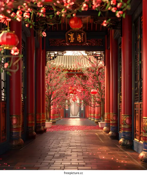 Chinese courtyard with red walls and green tiles