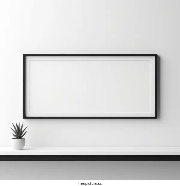 Black frame mockup on white wall with shelf and plant