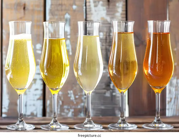 Five Glasses of Sparkling Wine on Wooden Background