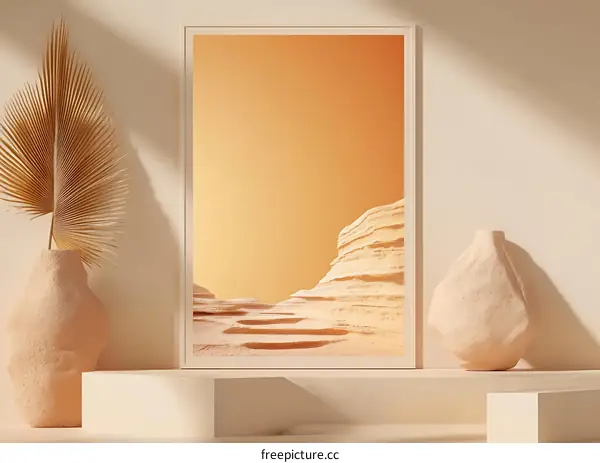 Minimalist Desert Landscape with Beige Vases and Palm Leaf