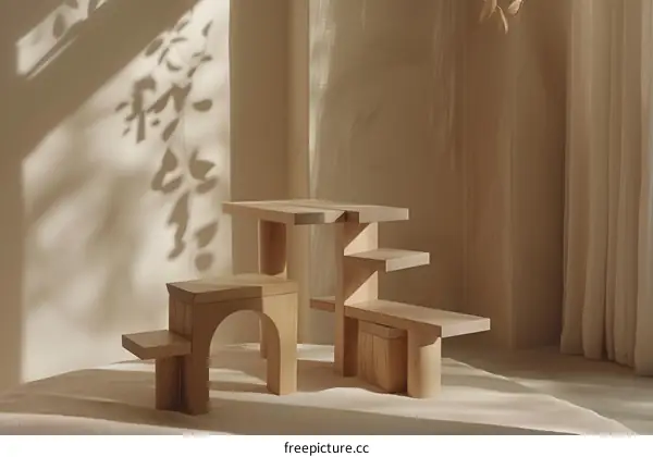 Wooden Building Blocks Set on Beige Surface with Sunlight