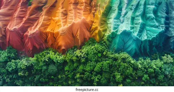Striking Aerial Image of Rainbow Mountains and Lush Forest