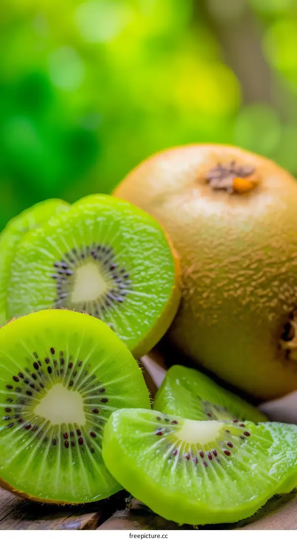 Fresh green kiwis on a wooden table
