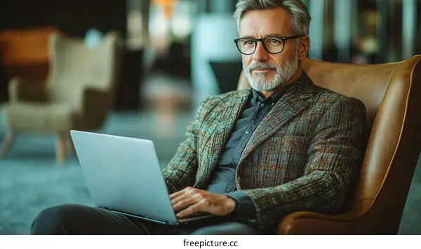Mature Caucasian Businessman Working on Laptop