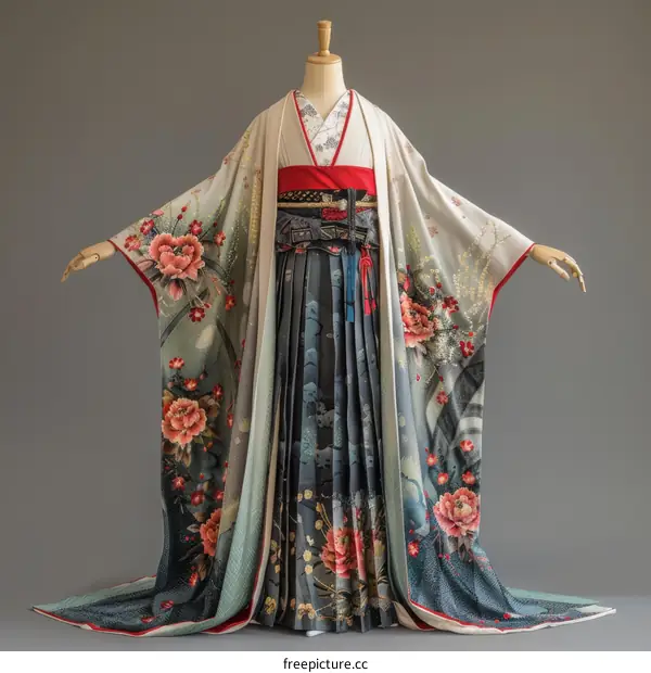 A kimono with a floral pattern and a white background