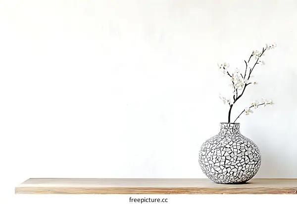 White Blossoms in a Mosaic Vase on Wooden Tabletop