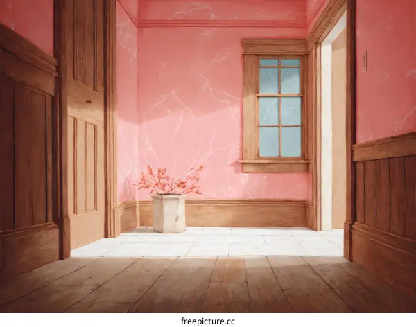 Pink Hallway with Wooden Trim and Sunlight