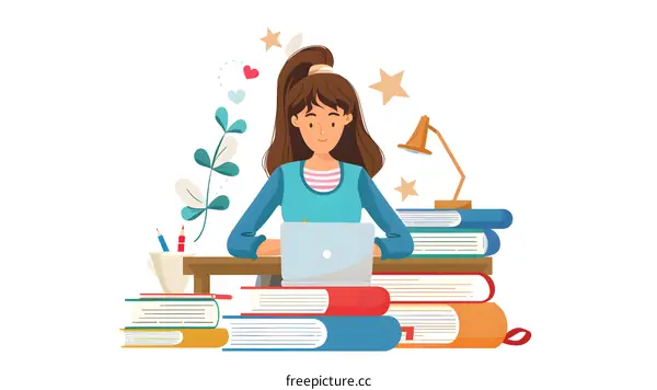 Woman Working on Laptop with Stack of Books