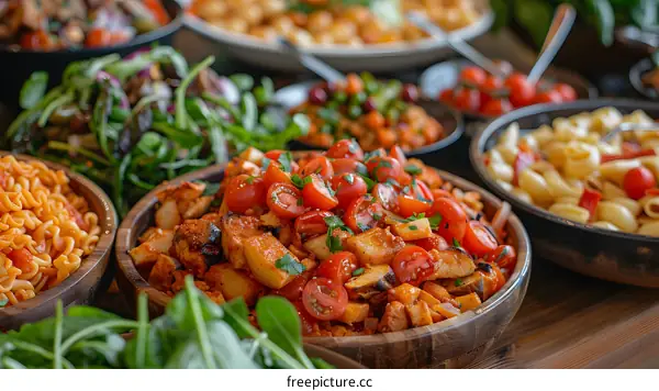 Various bowls of food on a table