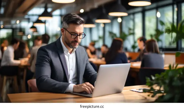 Focused Businessman Working on Laptop in Modern Office