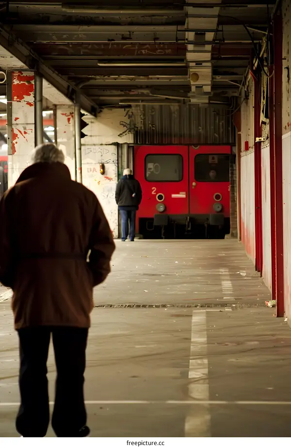 Man in Brown Coat Walking Away From Red Train in a Station