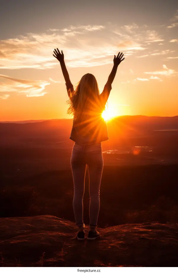 girl standing on a mountaintop with her arms in the air