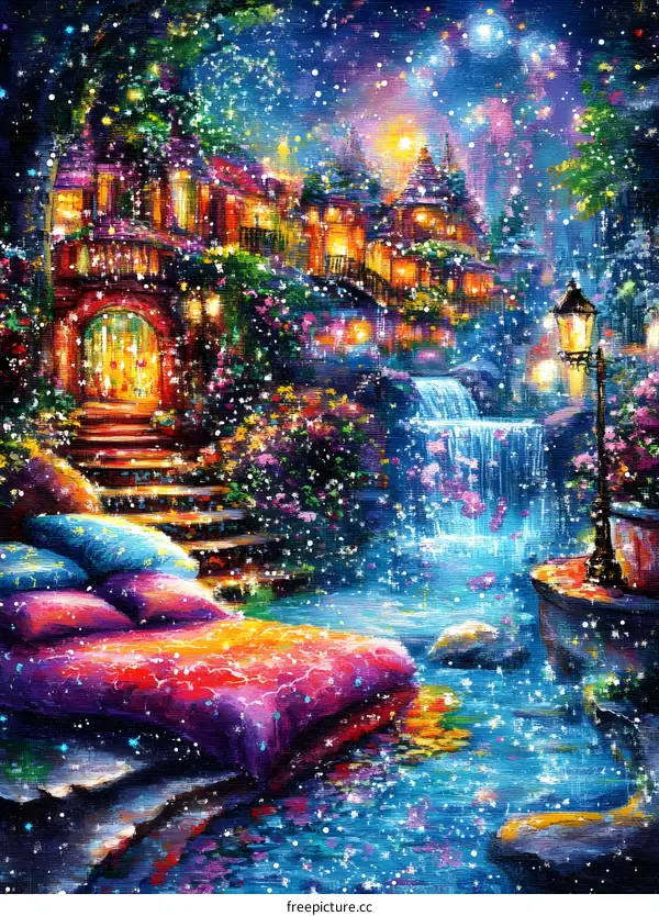 Fantasy Night with Waterfall and Bed in a Glowing Town