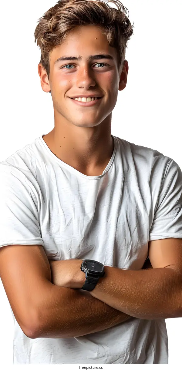 Portrait of a young man in a white t shirt with arms crossed