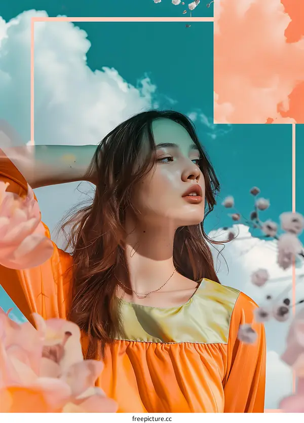 Woman in Orange Dress Posing with Flowers and Blue Sky