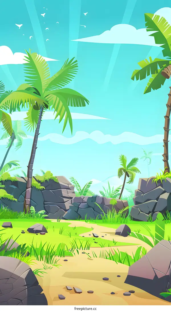 Tropical Jungle Landscape with Palm Trees and Stone Path