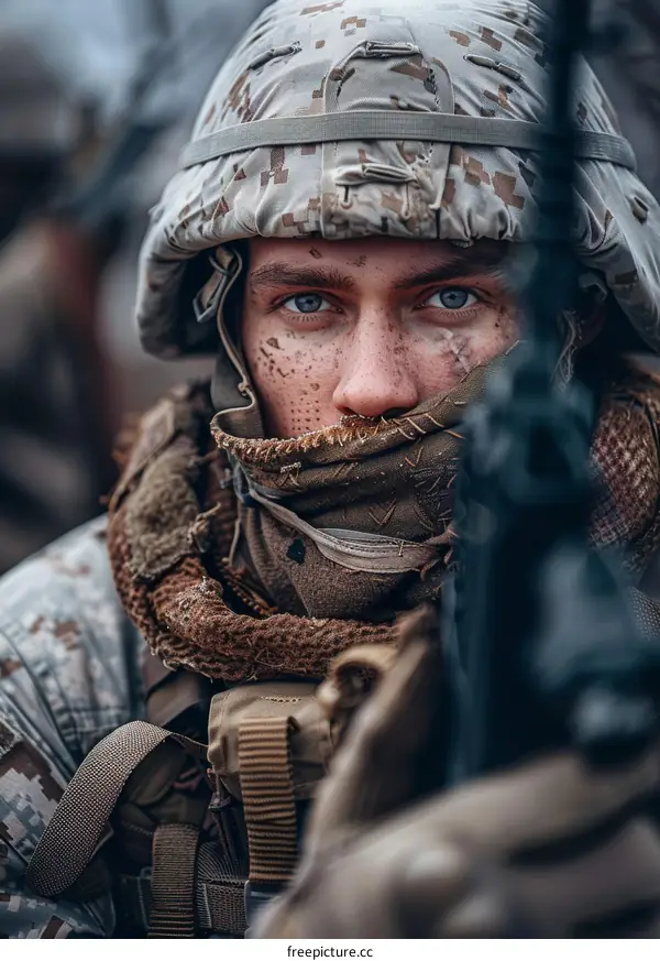 Portrait of a soldier wearing a helmet and scarf