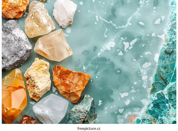 Natural Crystal Collection on Green Marble Background